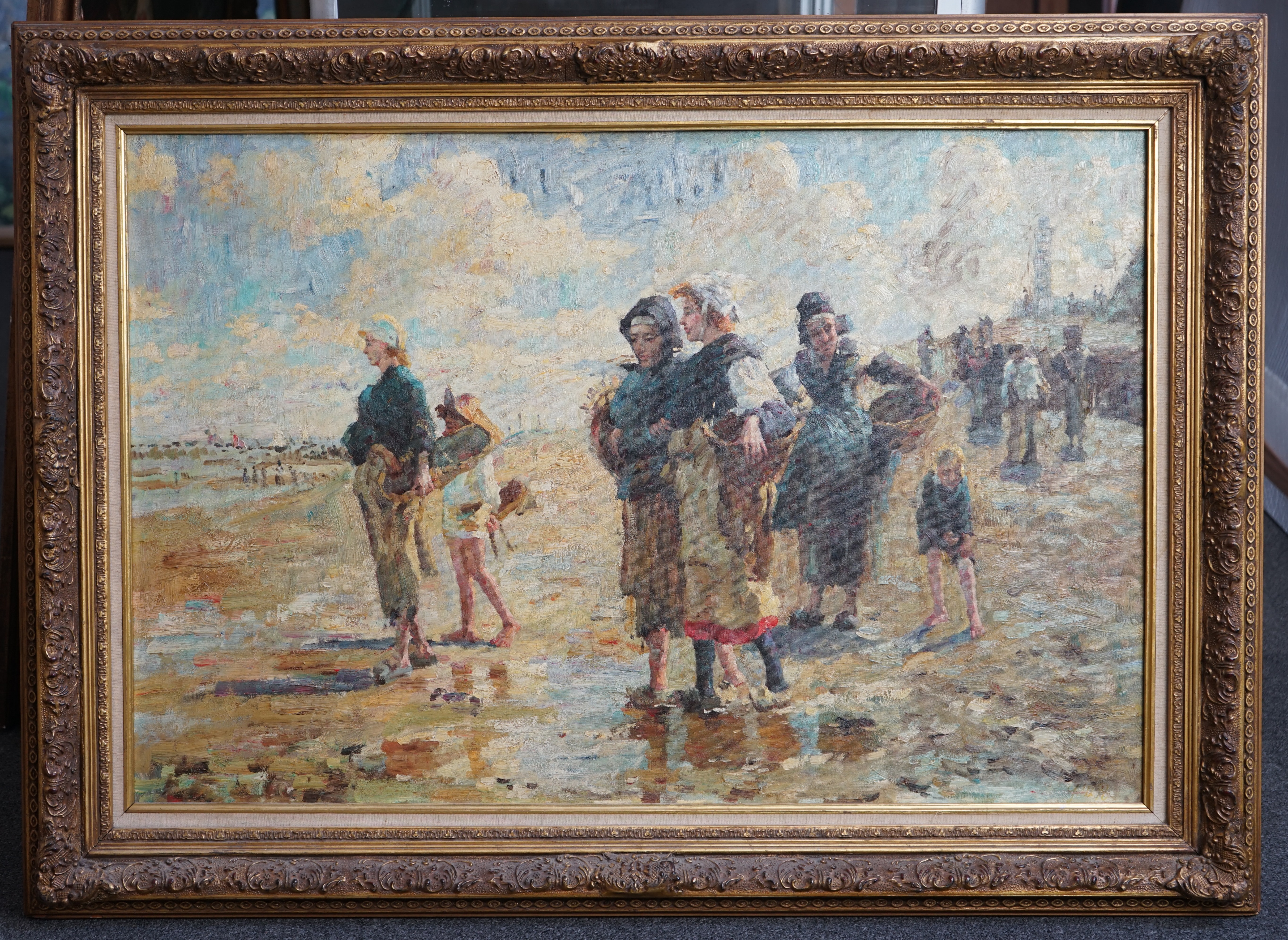 Modern British, oil on board, Beach scene with figures, unsigned, 59 x 90cm. Condition - good